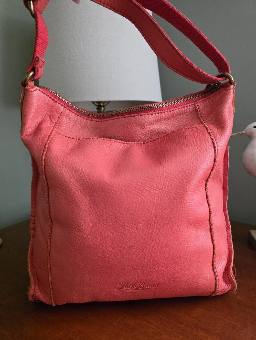Lucky Brand Leather Hobo Crossbody Bag Coral Pink Fringe Tassels Slouch Boho